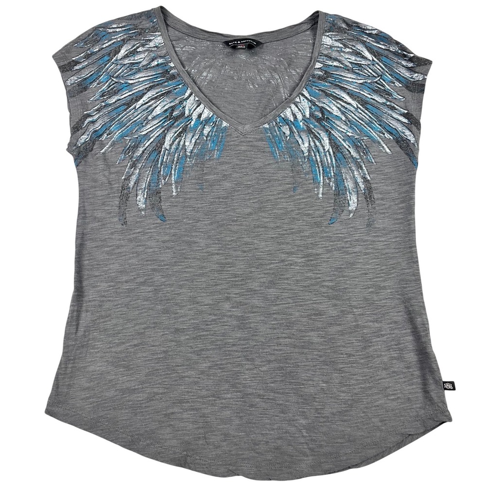 Vintage Rock & Republic V Neck T Shirt Womens XS Gray‎ Angel Wing Graphic Y2K
